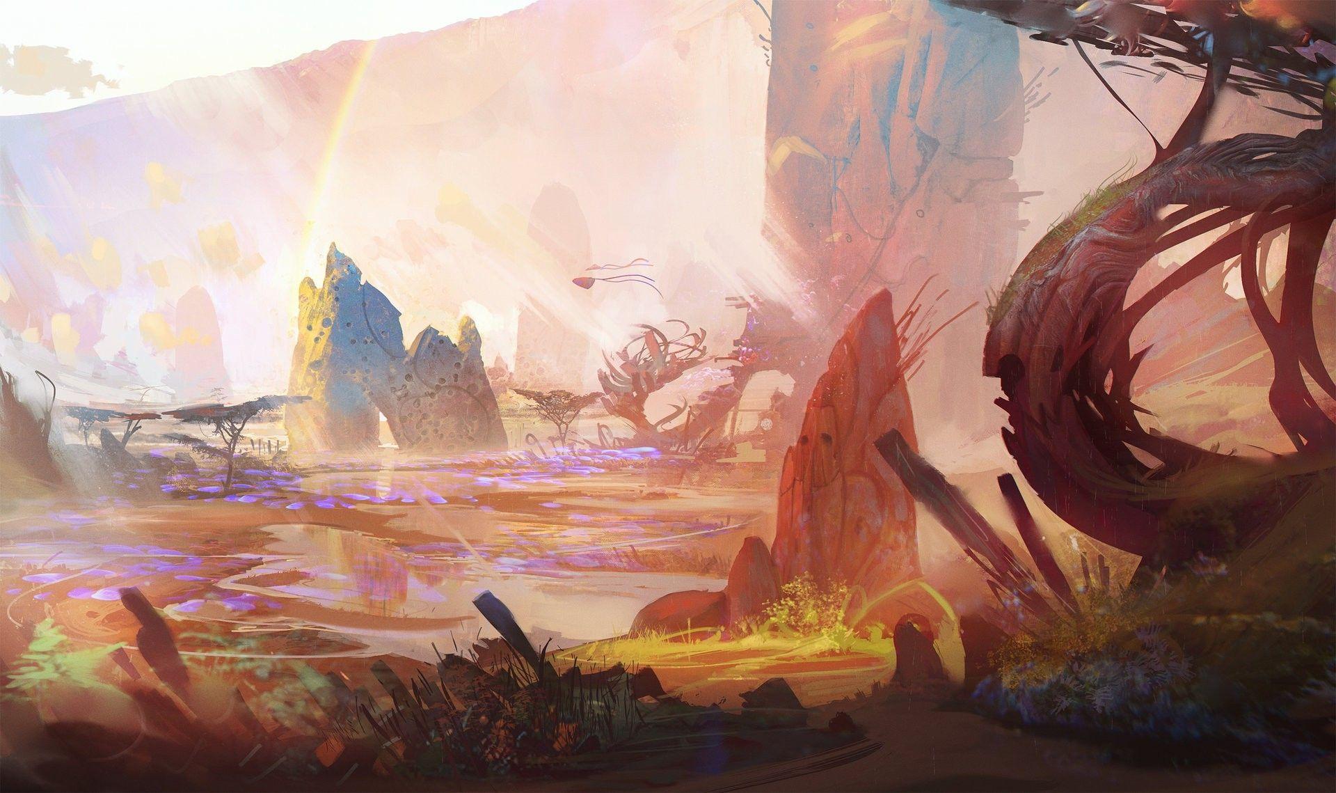 1920x1139 artwork, Digital Art, Wildlife, Valley, Nature, Landscape, Surreal