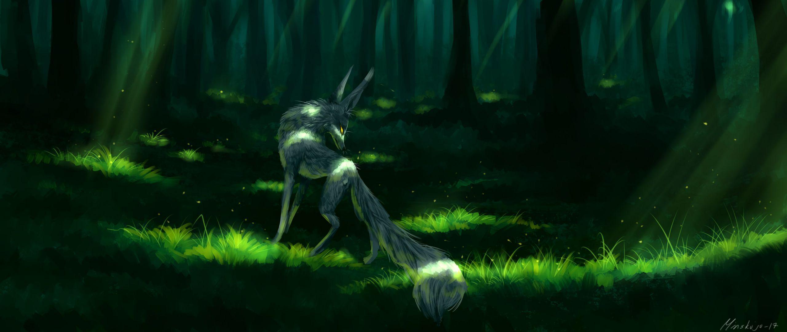 2560x1080 Download wallpaper 2560x1080 fox, fantastic, art, forest, green