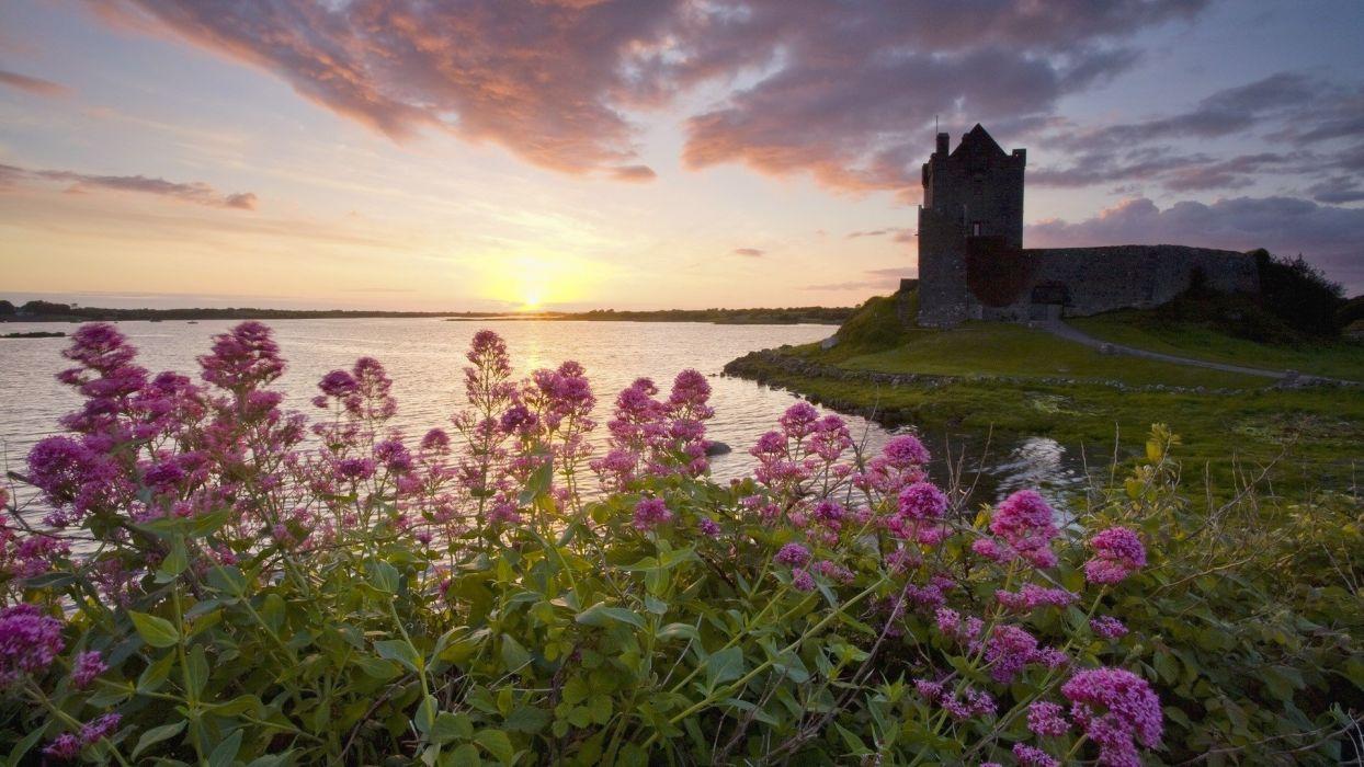 1244x700 Sunset castles flowers Ireland lakes castle wallpaperx1080