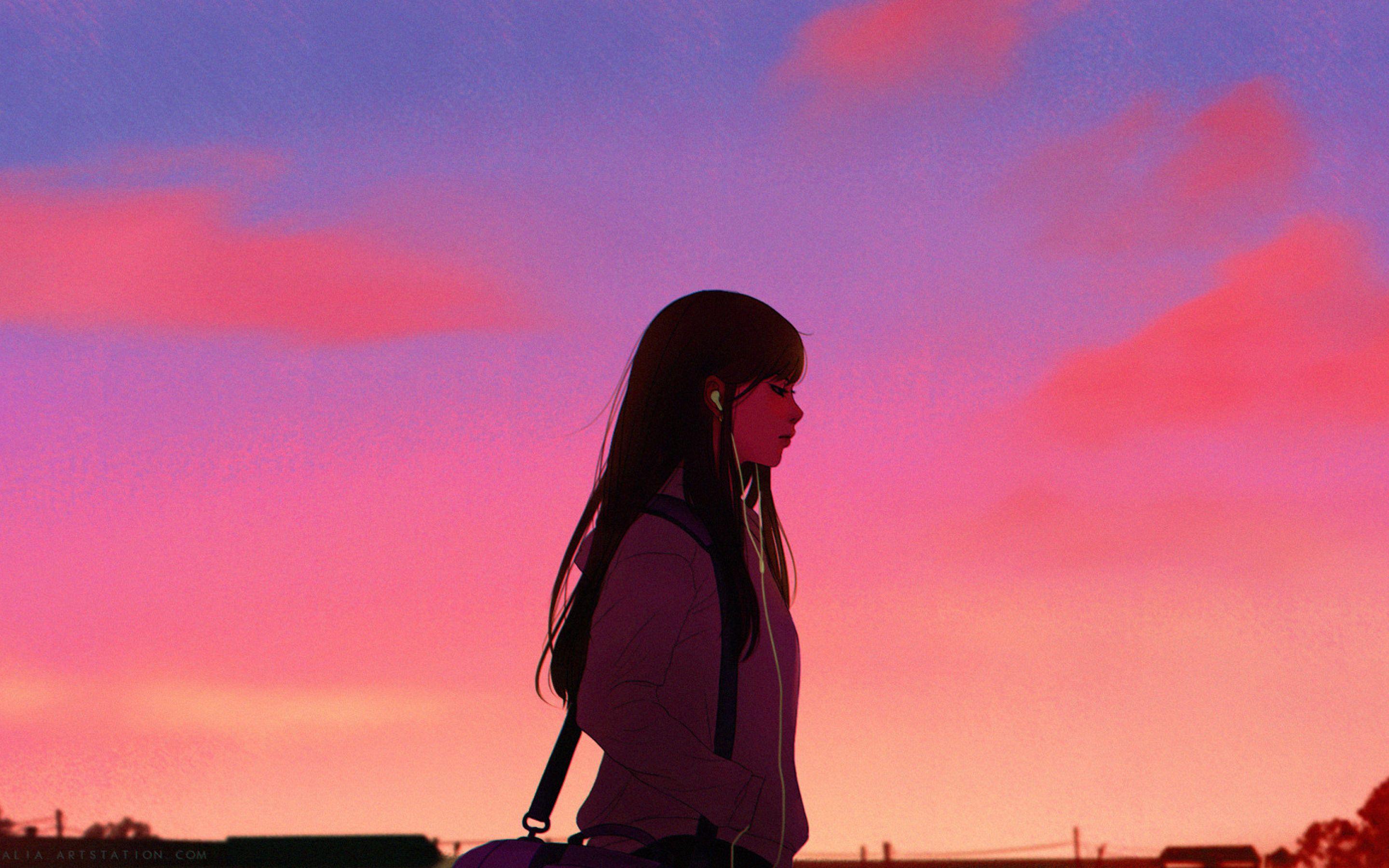2880x1800 Anime Girl Listening Music Macbook Pro Retina Wallpaper