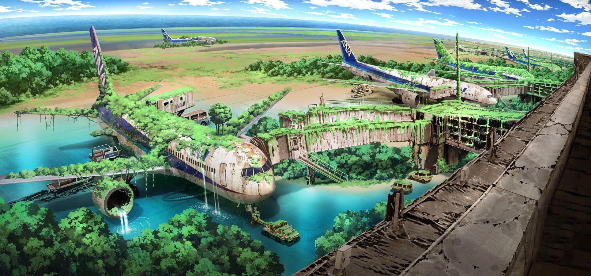 1930x900 #anime, #apocalyptic, #landscape, #aircraft, #futuristic