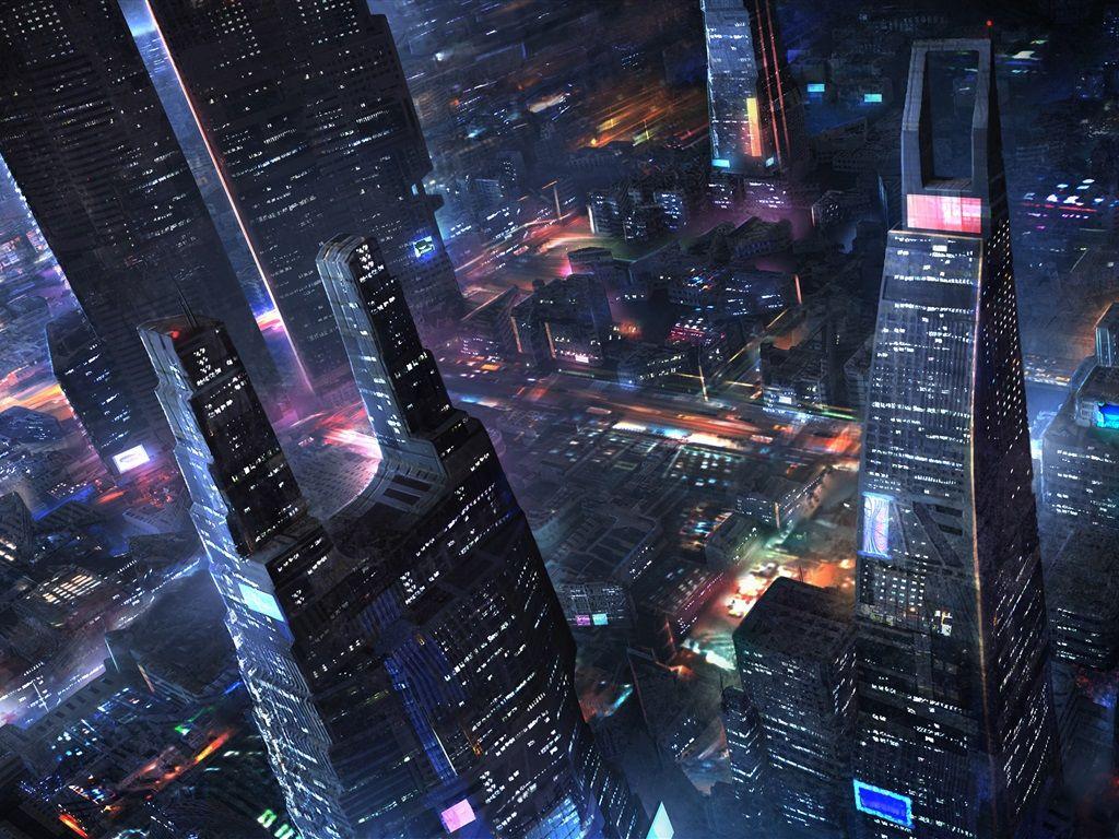 1024x768 Thành phố tương lai, tòa nhà chọc trời, đêm, đèn, hình nền thiết kế nghệ thuật
