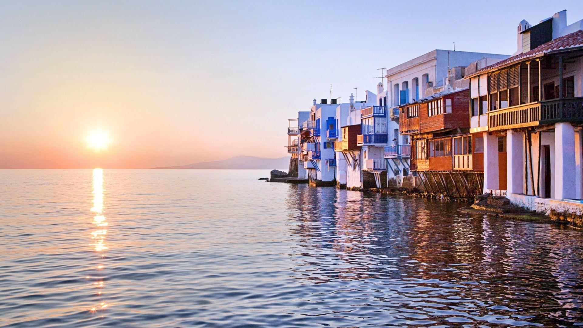 1920x1080 Sunset reflected over sea, Little Venice, Mykonos, Greece, house