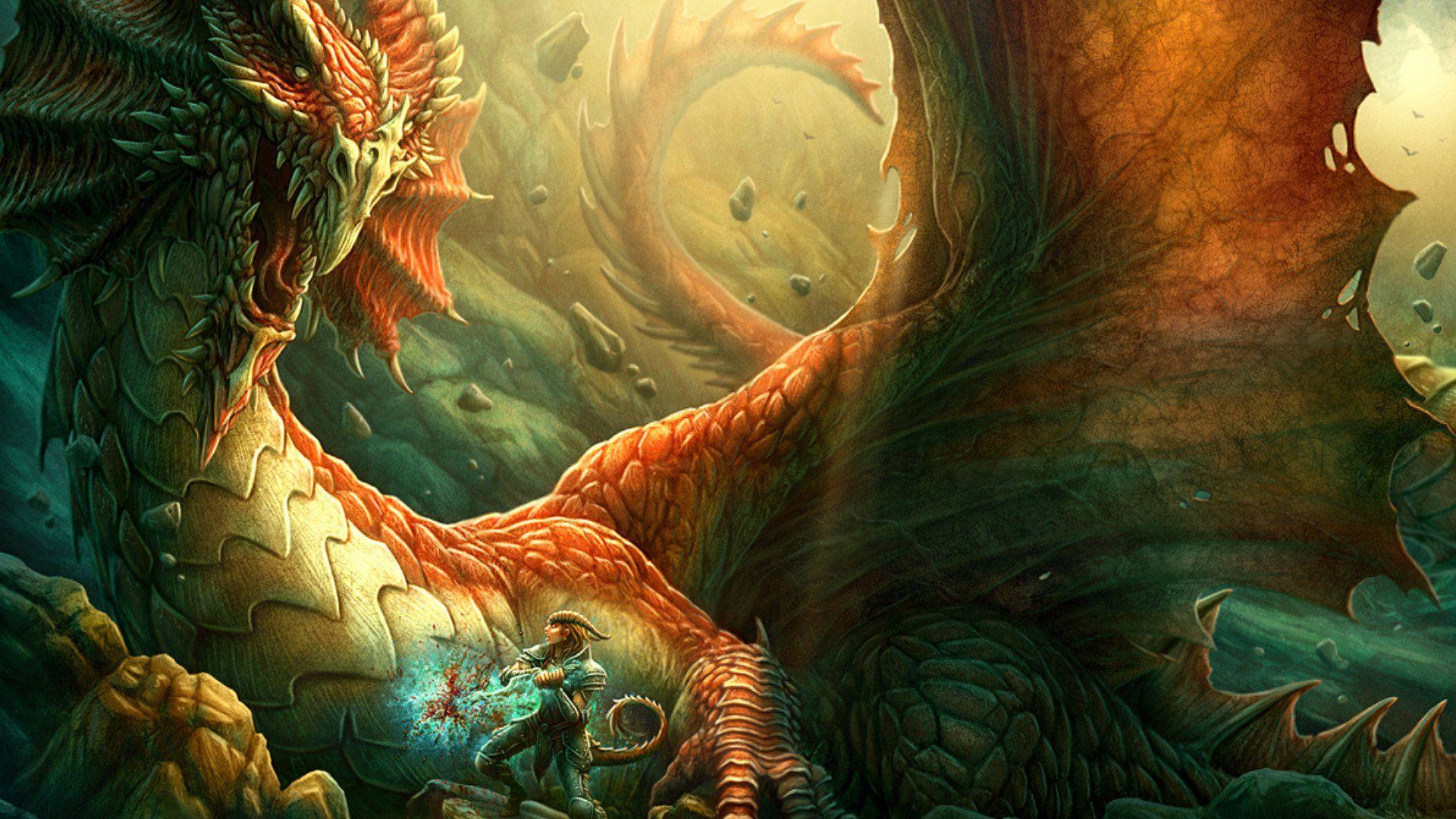 1920x1080 Knight stabbing a giant red dragon HD Wallpaper. Background Image