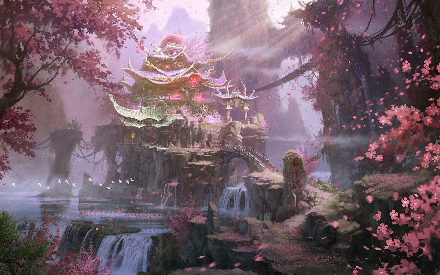 1440x900 bloom, trees, waterfalls, rock, spring, landscape, art