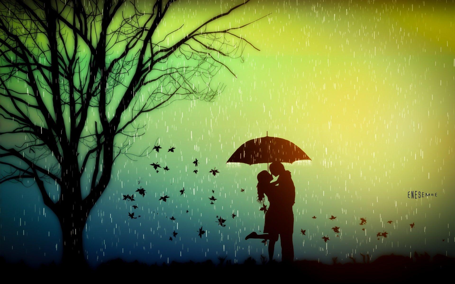 1920x1200 Romance, lovers, tree, leaves, rainy day, umbrella, creative design