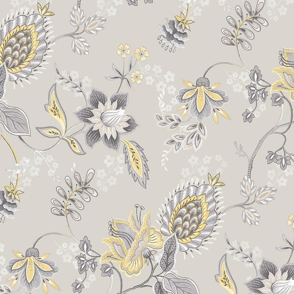 1000x1000 Norwall Jacobean Floral Wallpaper, Grey/ Yellow/ Grey. Grey