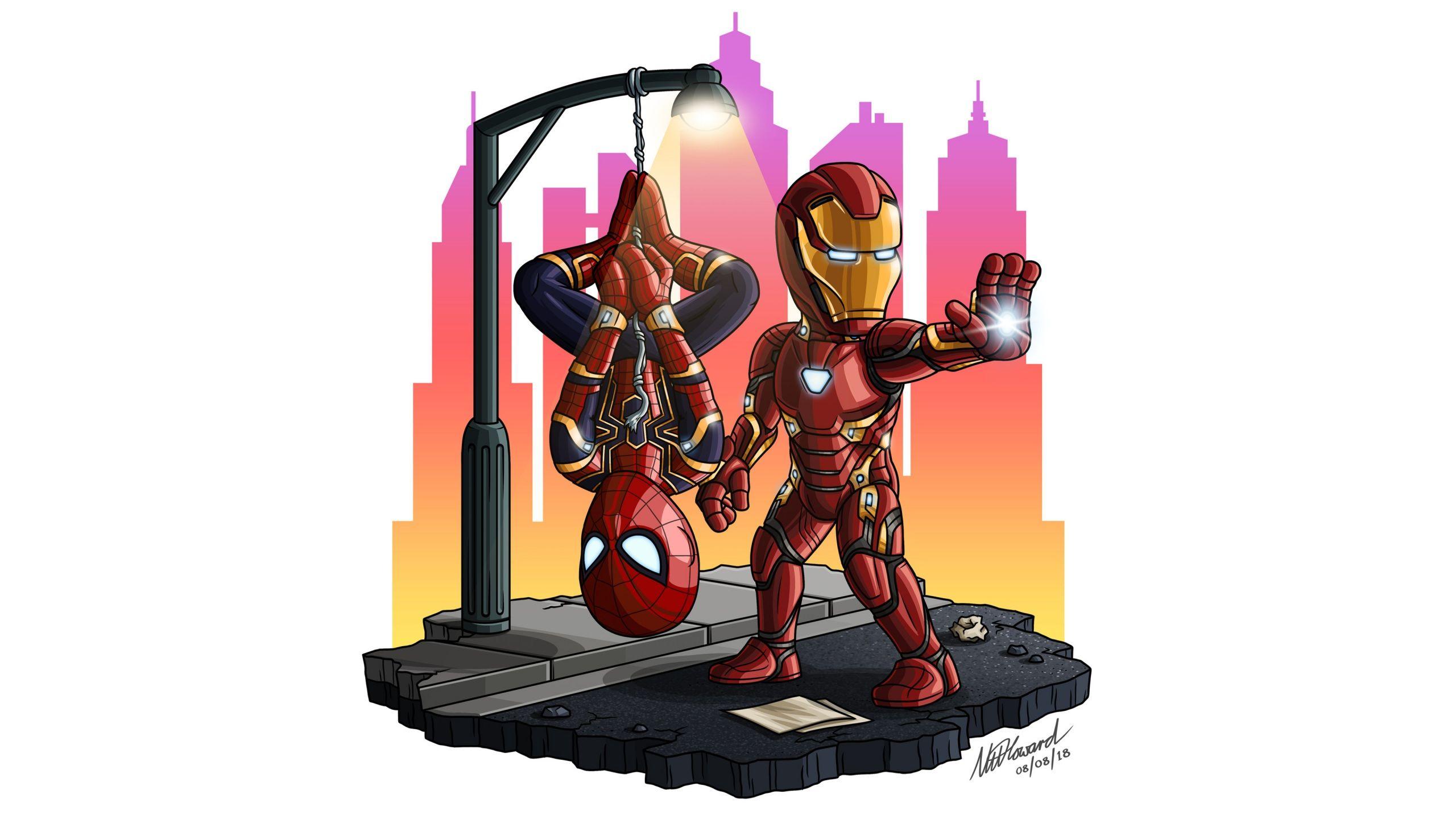 2560x1440 Hình nền 4k Iron Man And Spiderman Chibi