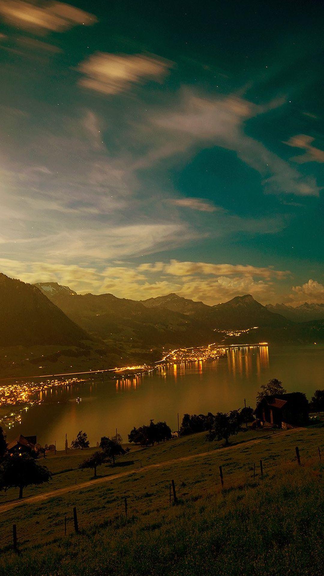 1080x1920 Lake Mountain City Village Night Light Nature #iPhone #wallpaper. Mountain city, Lake mountain, Nature