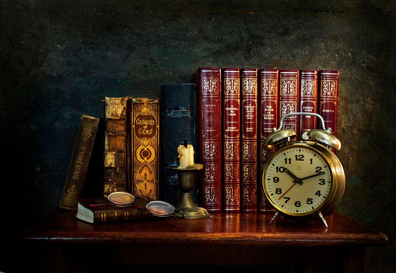 1280x883 Wallpaper Retro Clock Alarm clock Book Candles eyeglasses