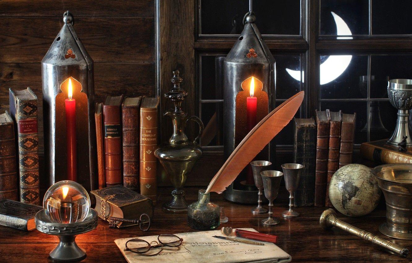 1332x850 Wallpaper pen, books, a month, window, glasses, lights, still life, globe, vintage, Cup image for desktop, section стиль