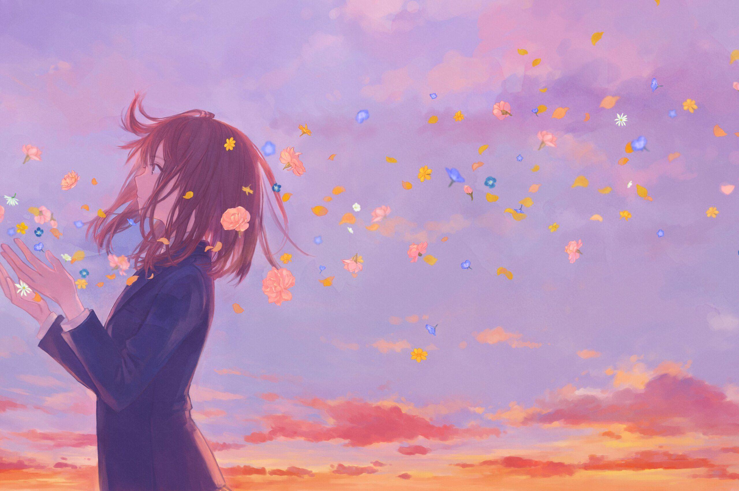 2560x1700 Anime Girl School Uniform Flowers Clouds 8k Chromebook