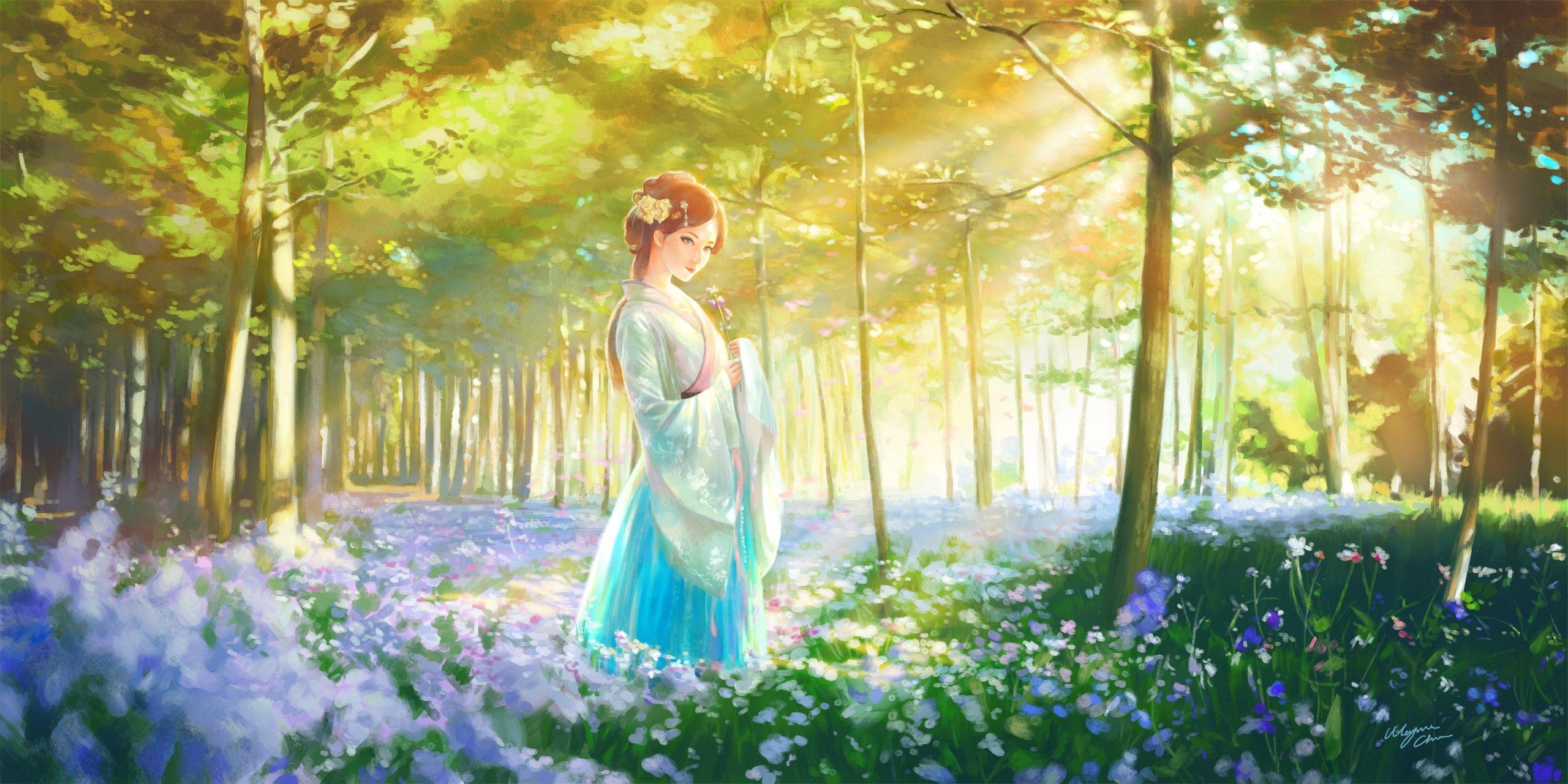2560x1280 #flowers, #brunette, #forest, #trees, #anime girls, #long