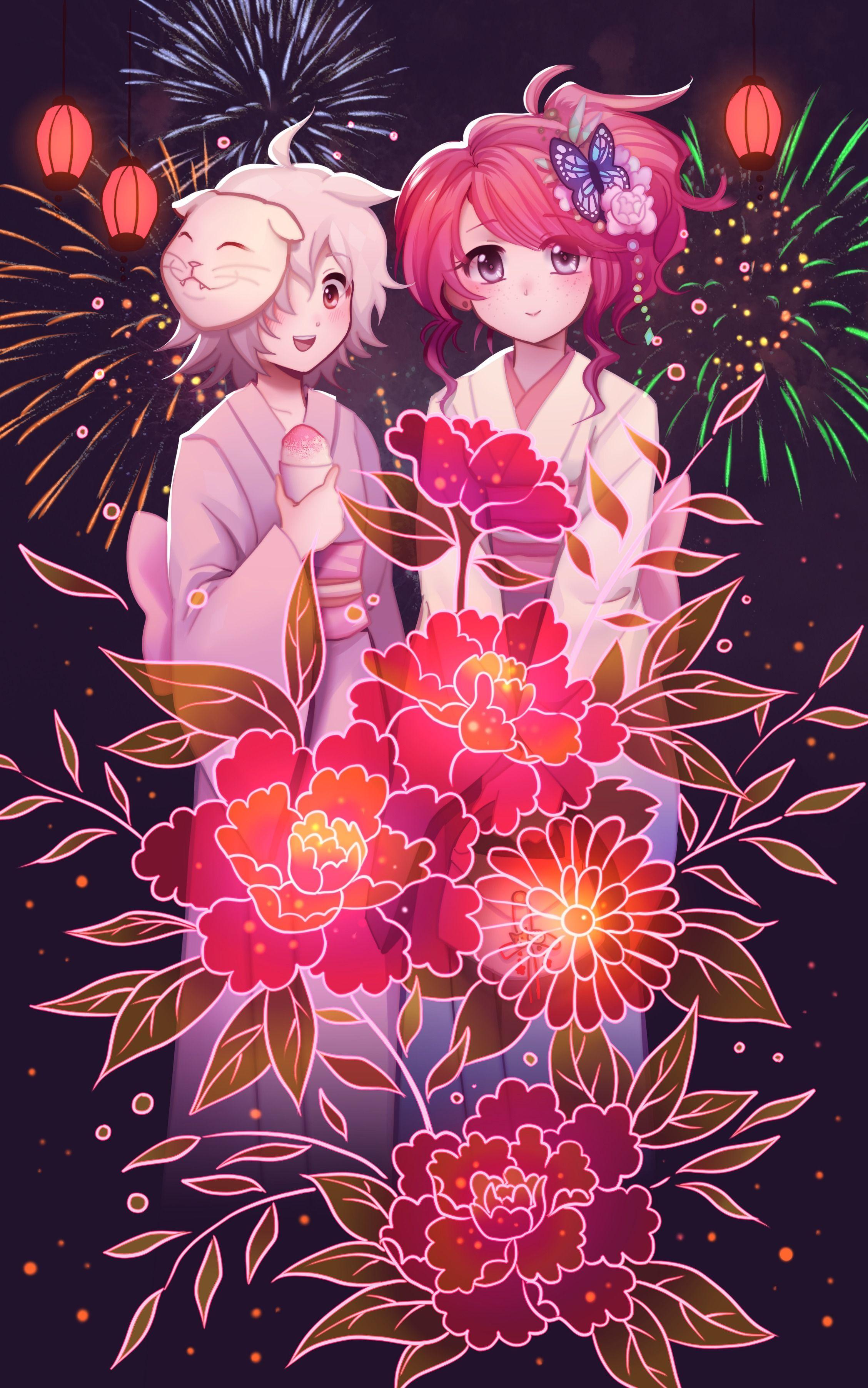 2256x3608 Download wallpaper 2256x3608 girls, flowers, fireworks, anime, art