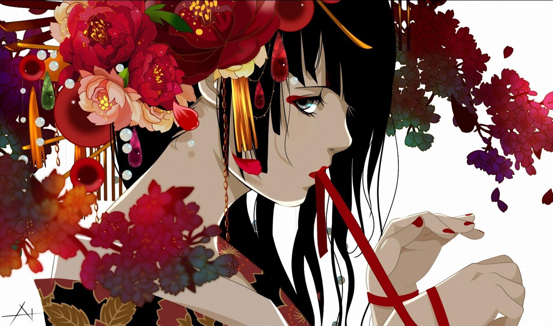 1920x1131 Desktop Wallpaper Anime female Flowers Painting Art