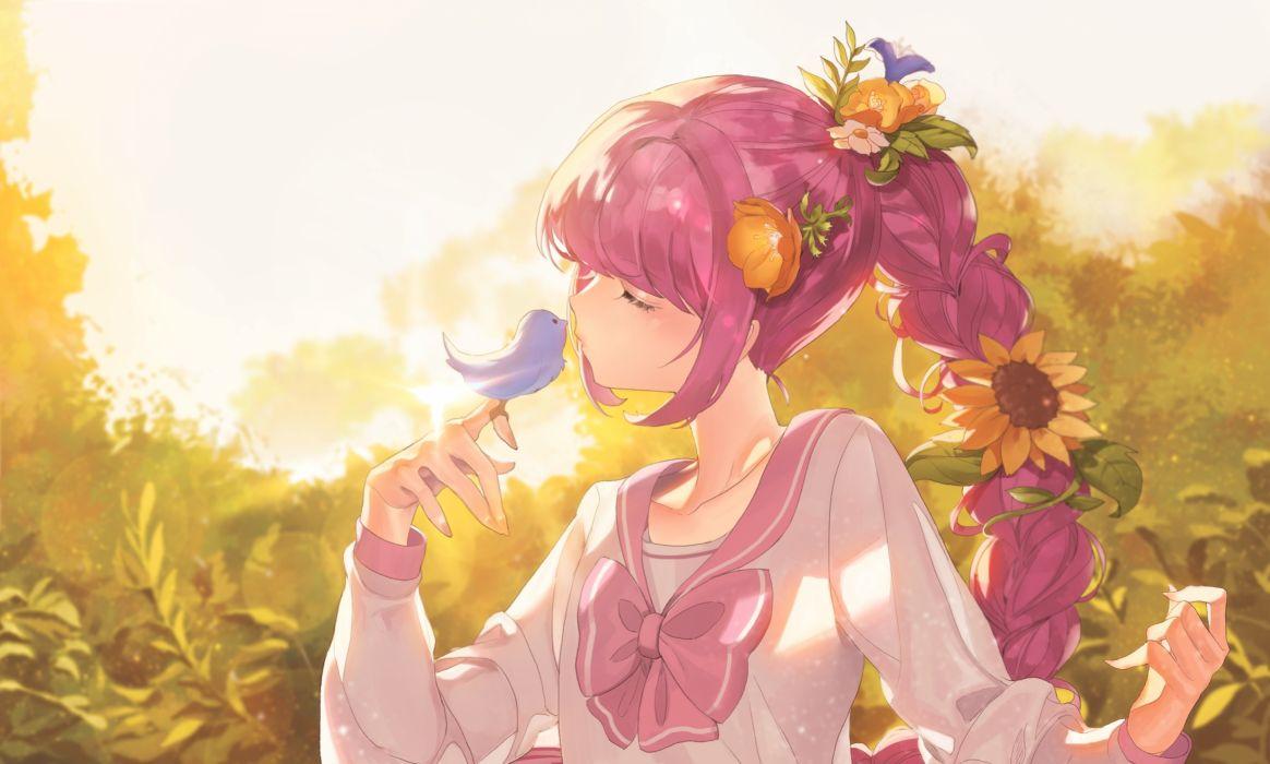 1164x700 Anime Girl Pink Hair Braid Bird Flowers Sunlight Closed Eyes