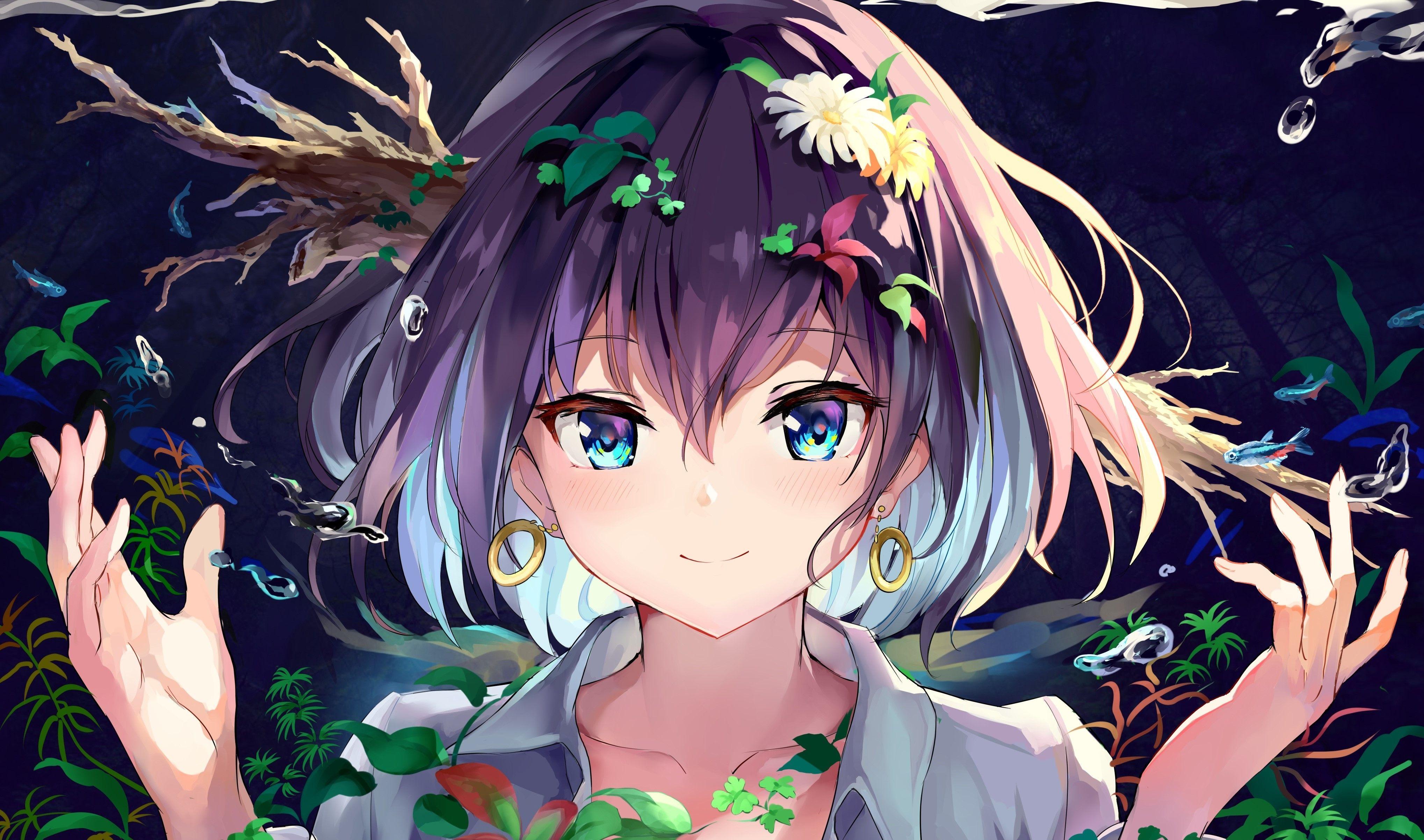 4075x2404 Download 4075x2404 Anime Girl, Short Hair, Shirt, Earrings, Blue