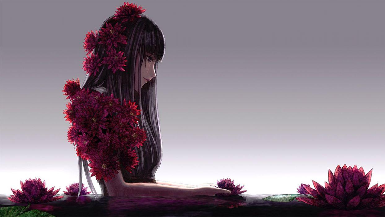1244x700 Flower anime girl alone long hair lotus wallpaperx900