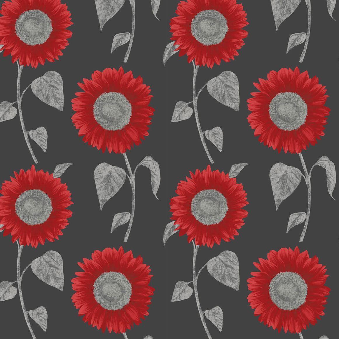1162x1162 Sunflower Metallic Wallpaper Leaf Floral Black Red Silver Feature