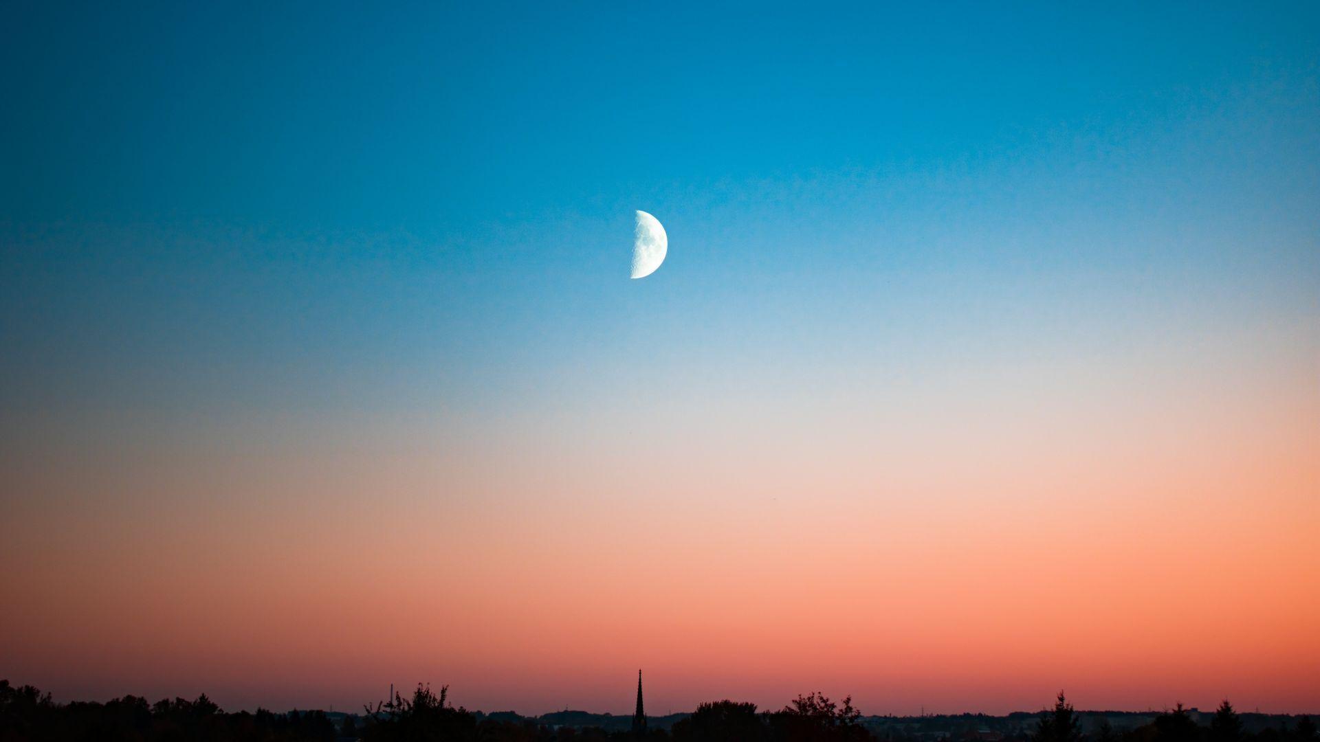 1920x1080 Desktop wallpaper half moon, landscape, sky, minimal, sunset, HD