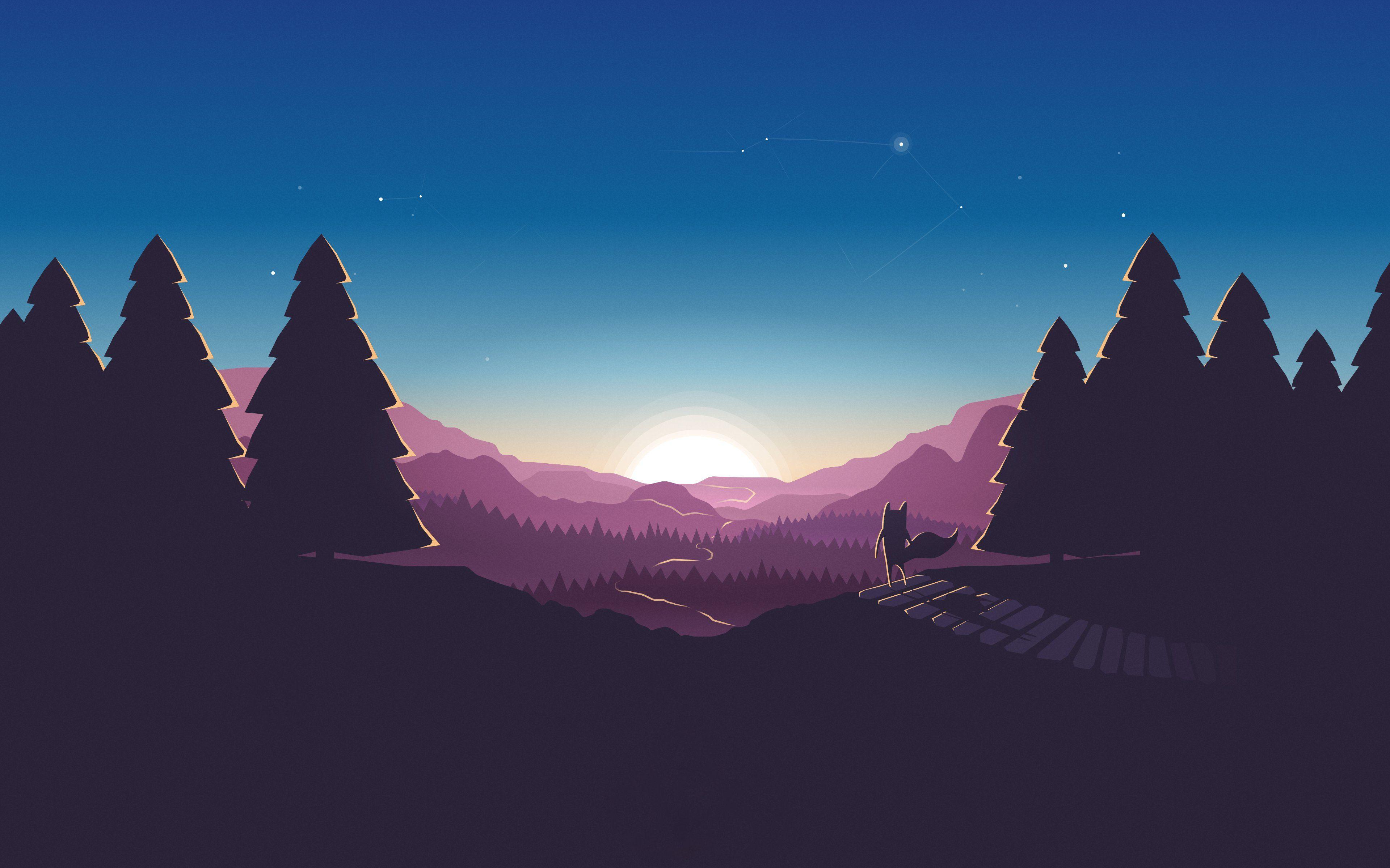 3840x2400 #Minimal, K, #Fox, #Illustration, #Sunset. Mocah.org HD