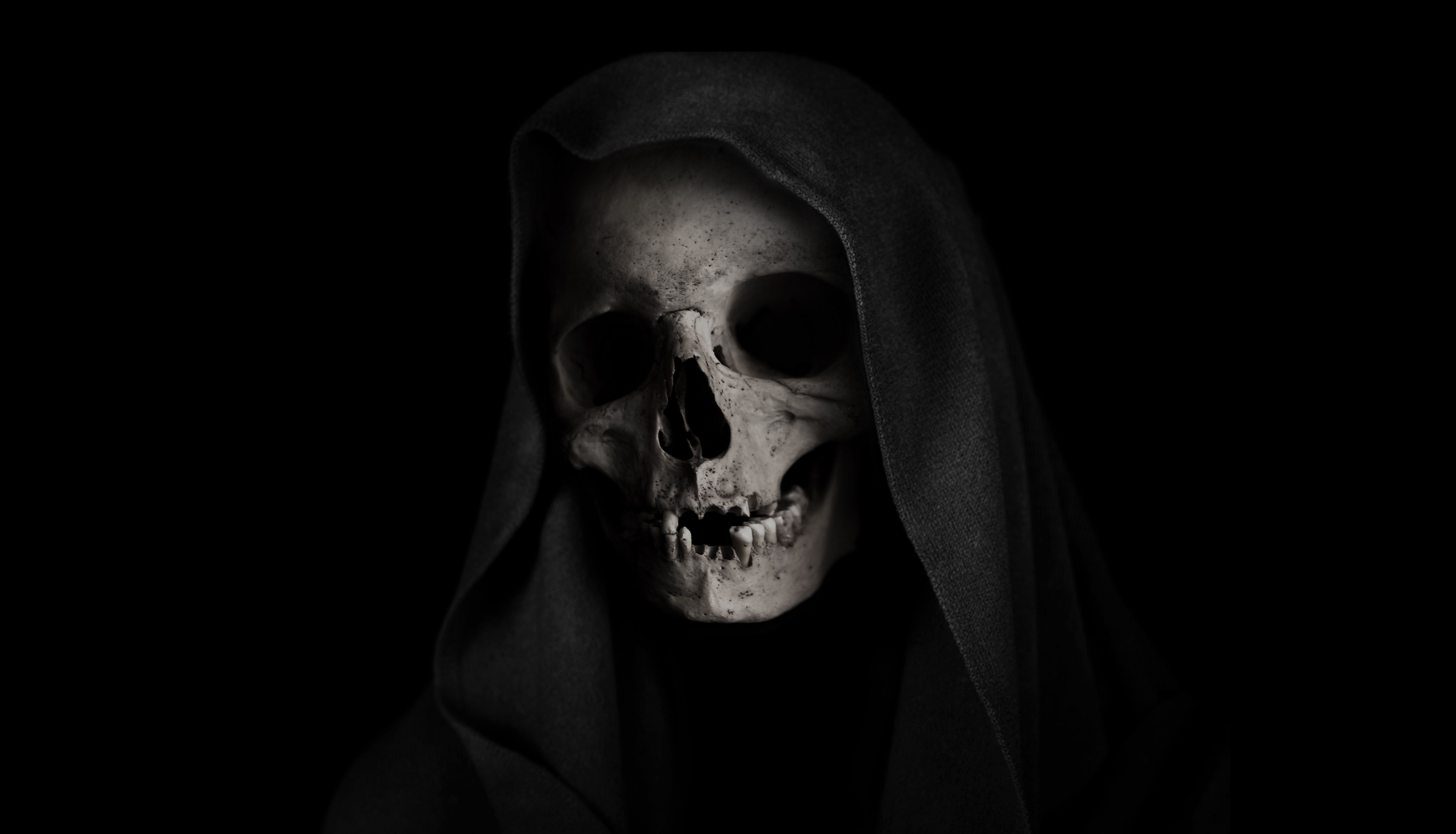 4968x2848 Grim Reaper Wallpaper 4K, Skull, Black background, Scary