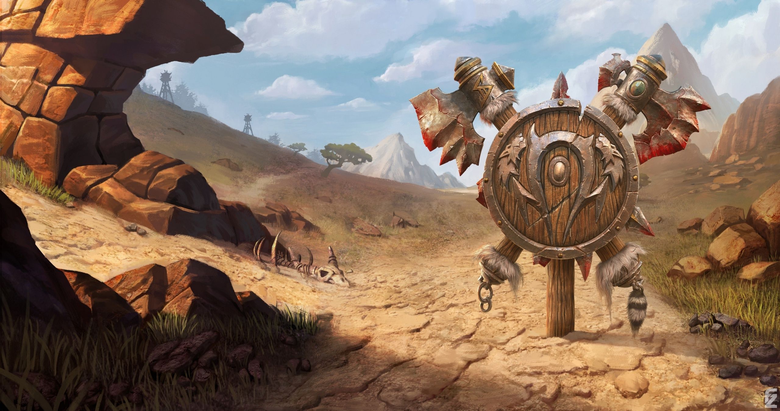 2560x1350 Wallpaper World of Warcraft, game, desert, mountains, digital art, artwork, shield, fantasy art for mobile and desktop, section игры, resolution 2560x1350