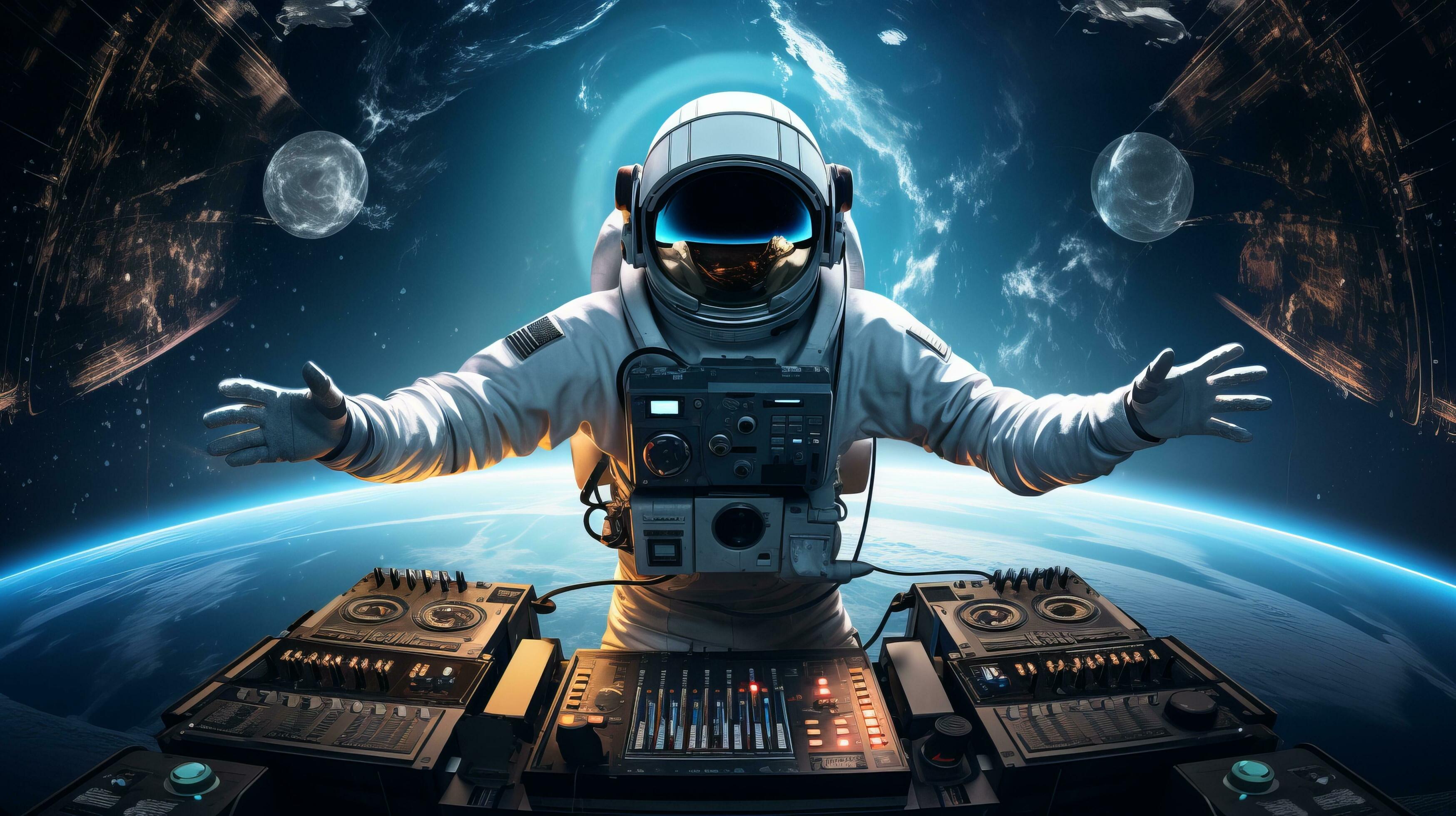 3497x1960 AI generated Astronaut DJ mixing music at space party. DJ plays on the best EDM, Mixer controller, Entertainment