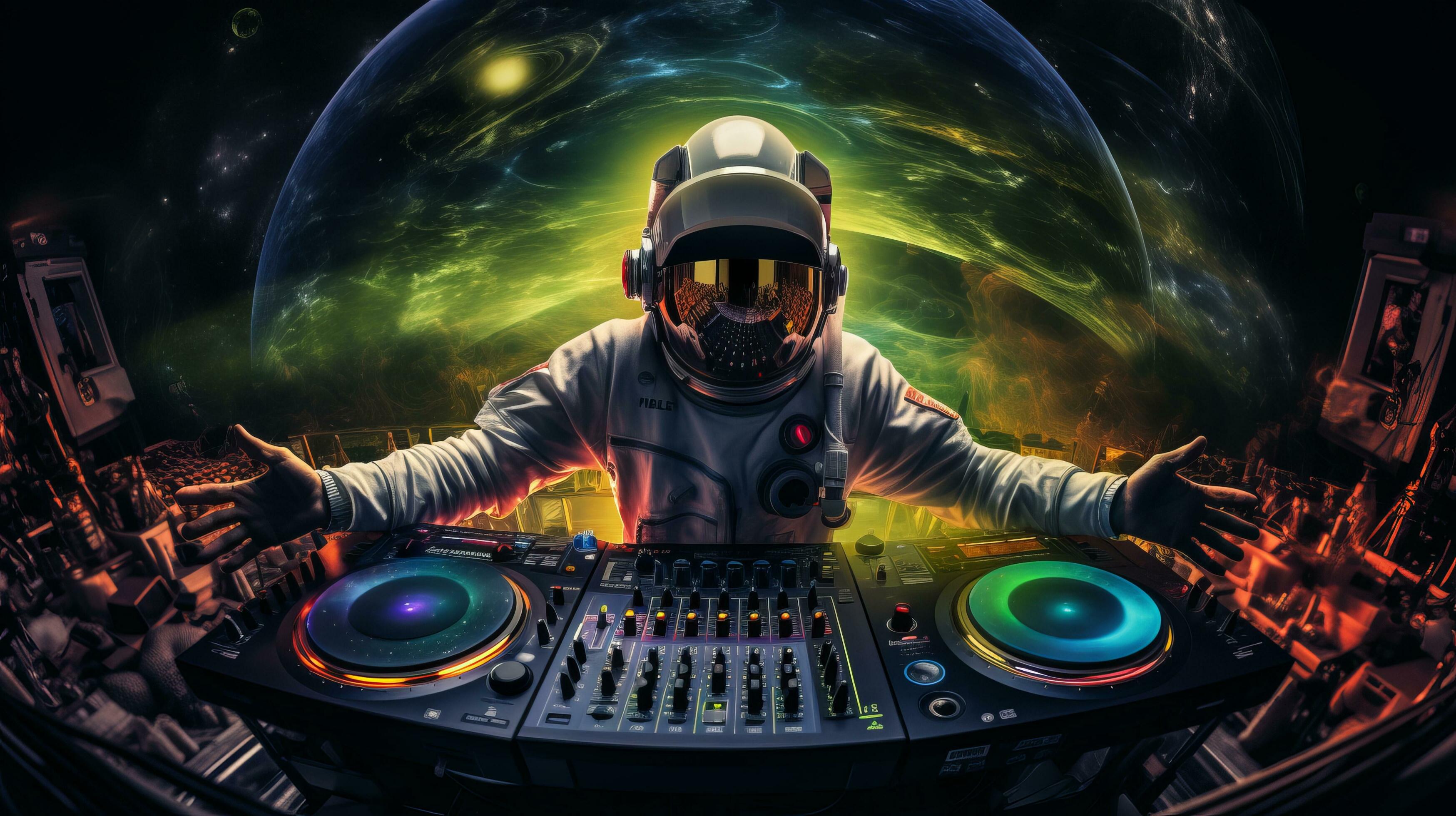 3497x1960 AI generated Astronaut DJ mixing music at space party. DJ plays on the best EDM, Mixer controller, Entertainment