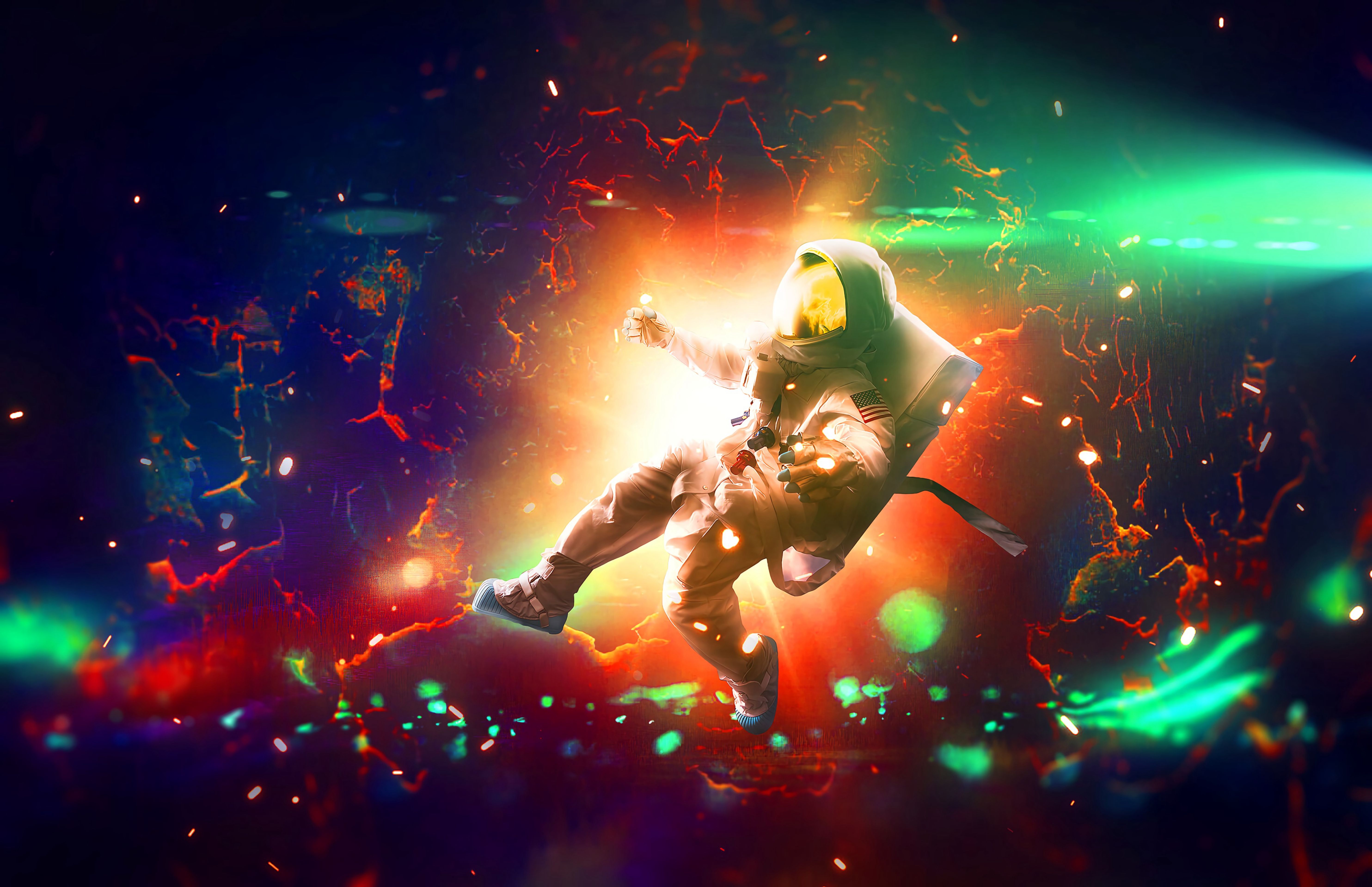 5936x3840 Download wallpaper 5936x3840 astronaut, flash, bright, colorful, sparks HD background