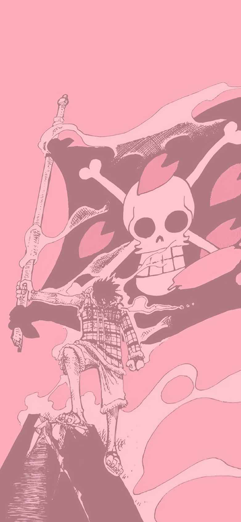 782x1692 One Piece Luffy Jolly Roger Pink Manga Wallpaper