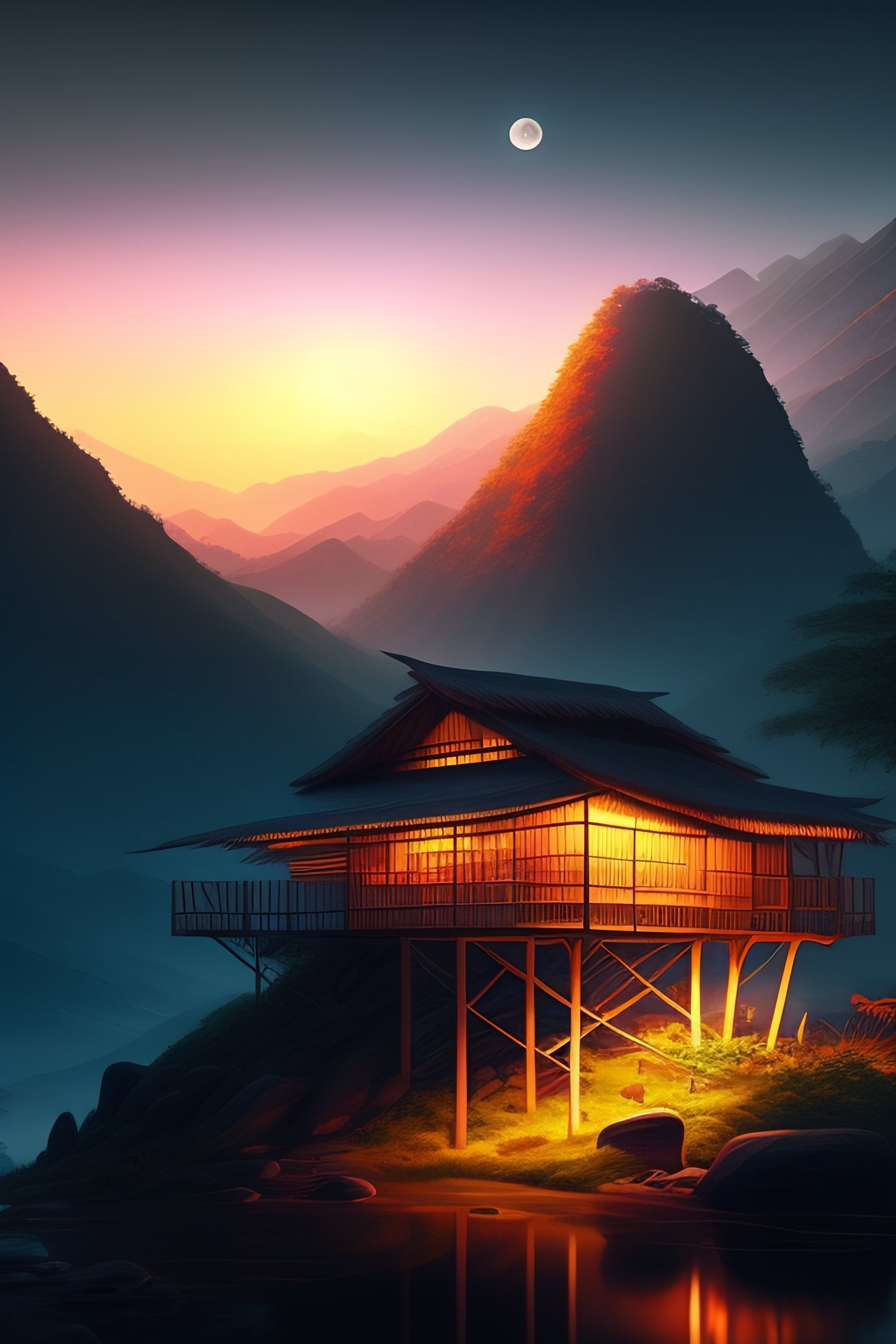 2048x3072 Lexica digital art of a landscape, highly, sharp focus, artstation cgsociety masterpiece , modern bahay kubo in the mountains