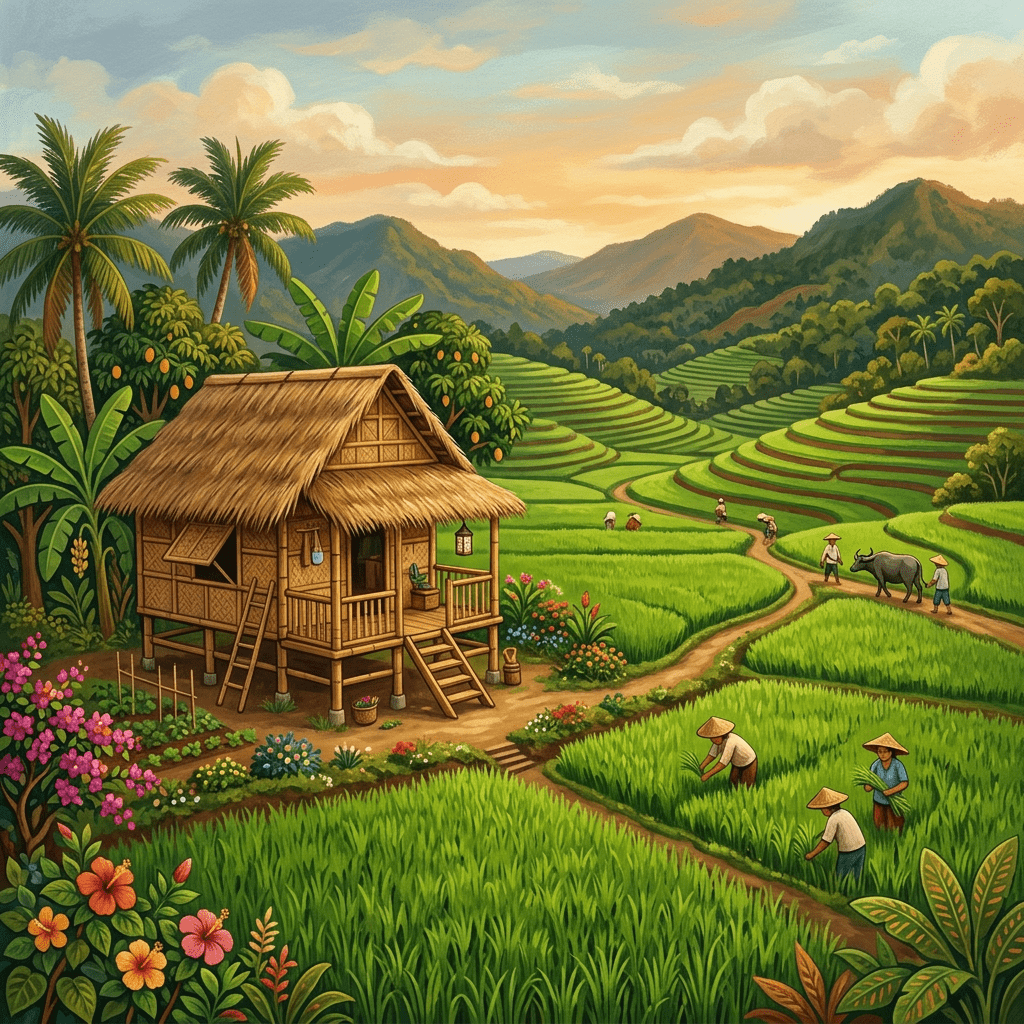 1024x1024 Explore Vibrant Bahay Kubo Amidst Rice Fields. AI Art Generator. Easy Peasy.AI