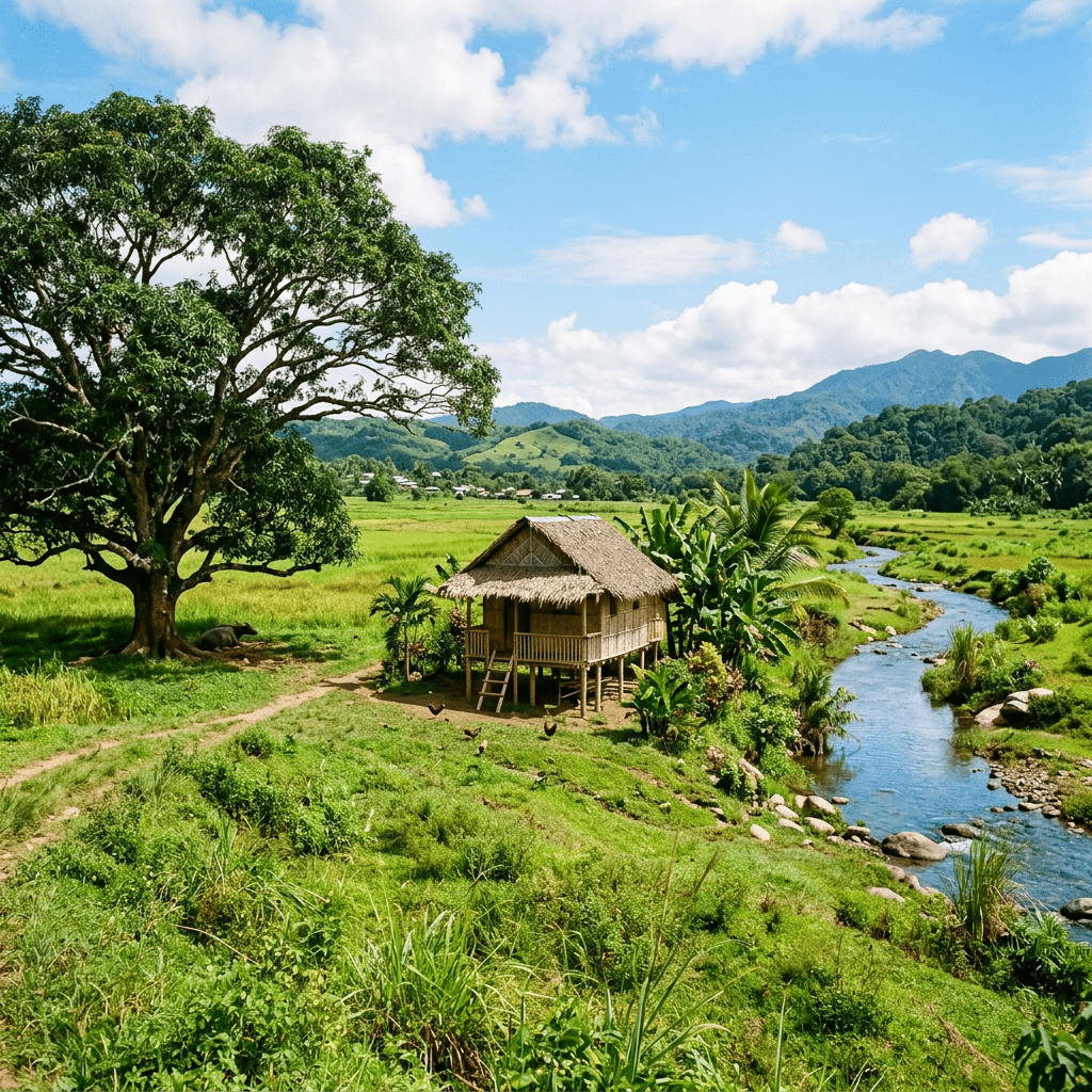 1024x1024 Explore Vibrant Bahay Kubo Amidst Rice Fields. AI Art Generator. Easy Peasy.AI