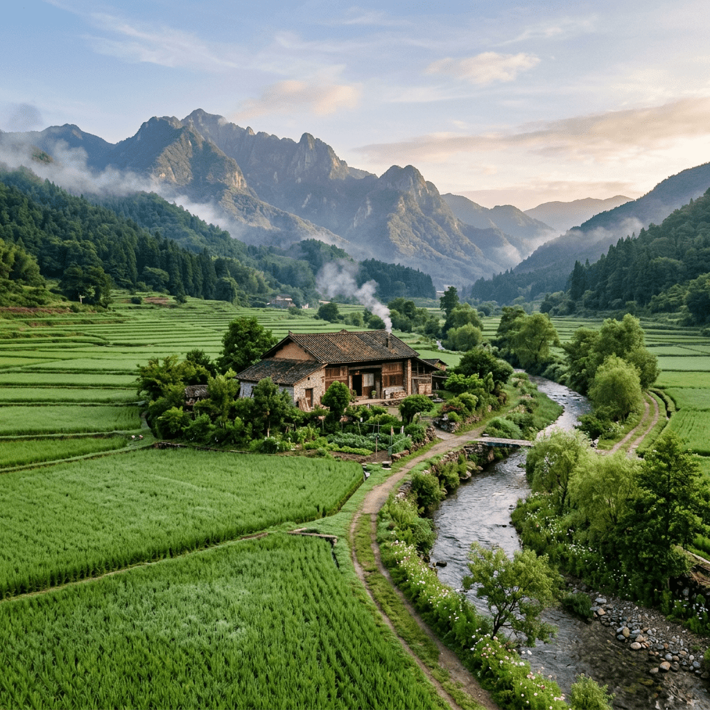 1024x1024 Explore Vibrant Bahay Kubo Amidst Rice Fields. AI Art Generator. Easy Peasy.AI