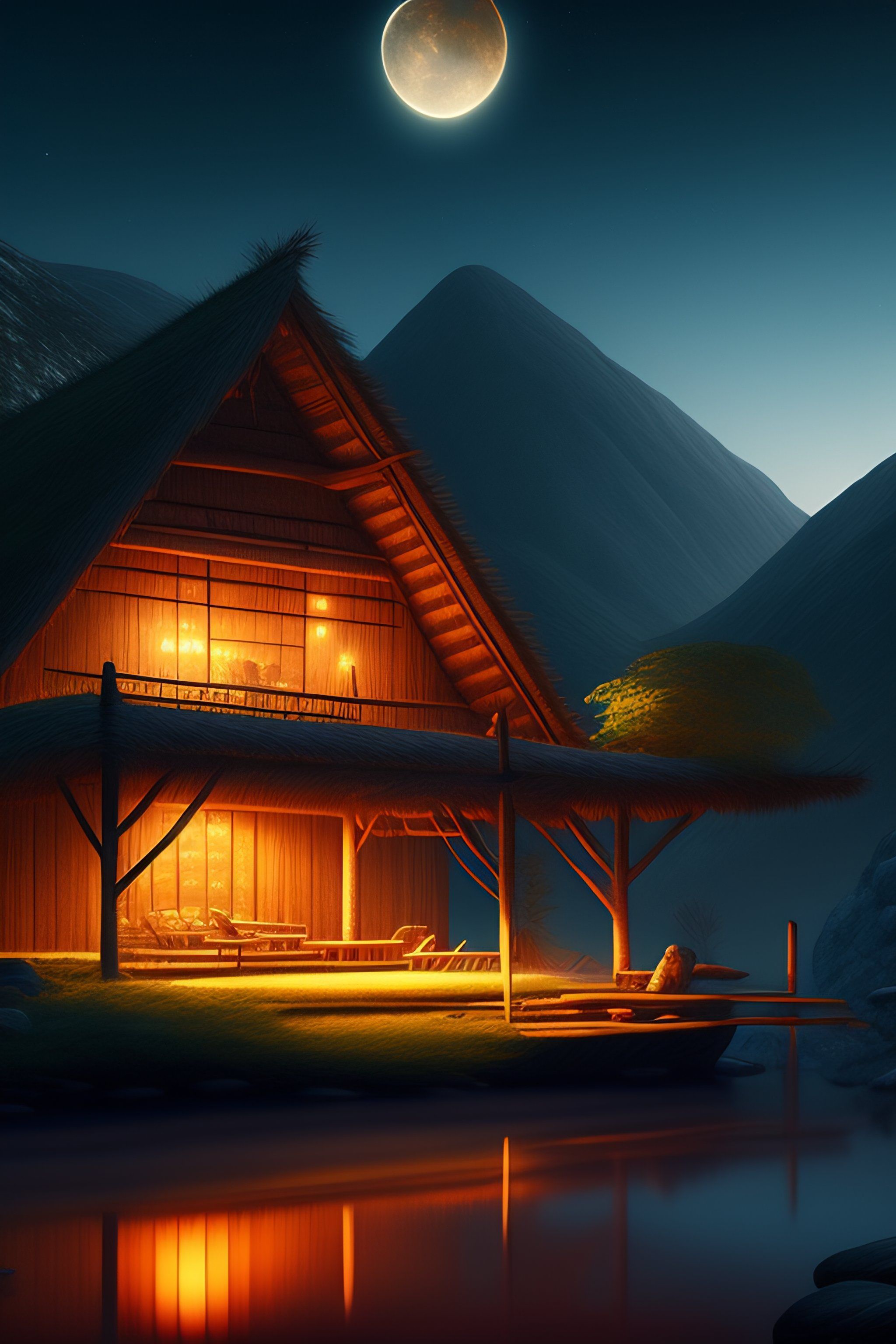2048x3072 Lexica digital art of a landscape, highly, sharp focus, artstation cgsociety masterpiece, bahay kubo in the mountains at nigh