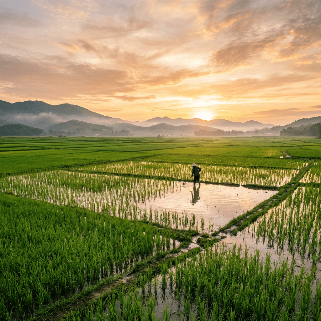 1024x1024 Explore Vibrant Bahay Kubo Amidst Rice Fields. AI Art Generator. Easy Peasy.AI