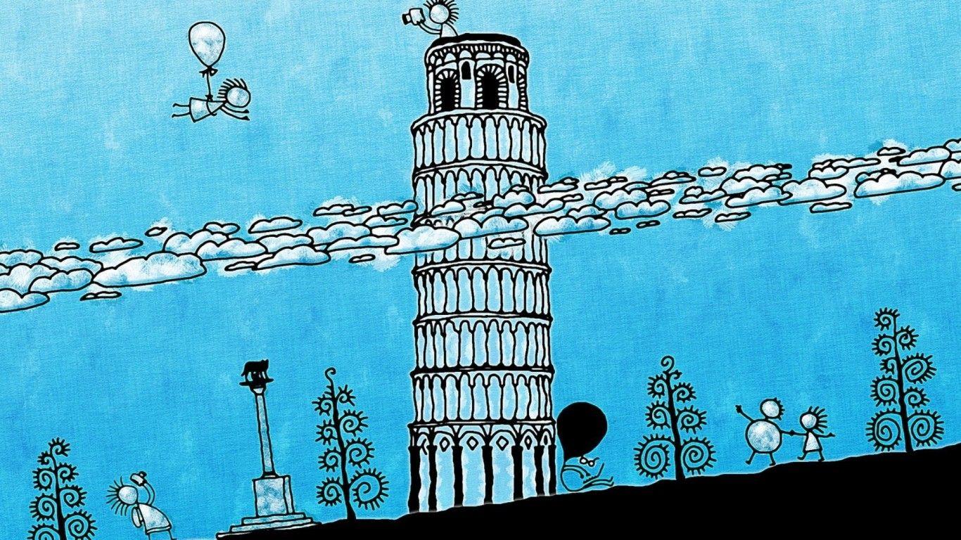 1366x768 Pisa Tower Stunning Drawing Wallpaper