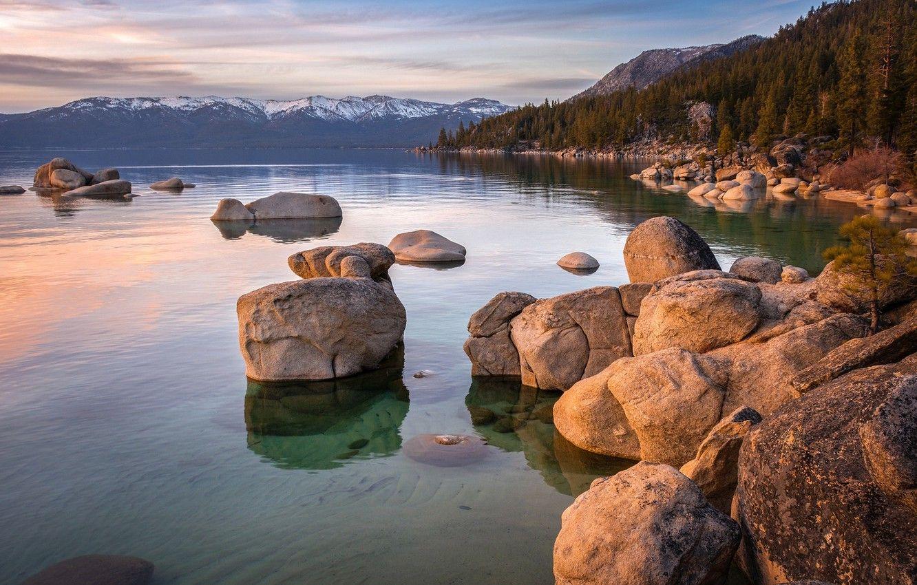 1332x850 Wallpaper sea, forest, sunset, mountains, reflection, stones