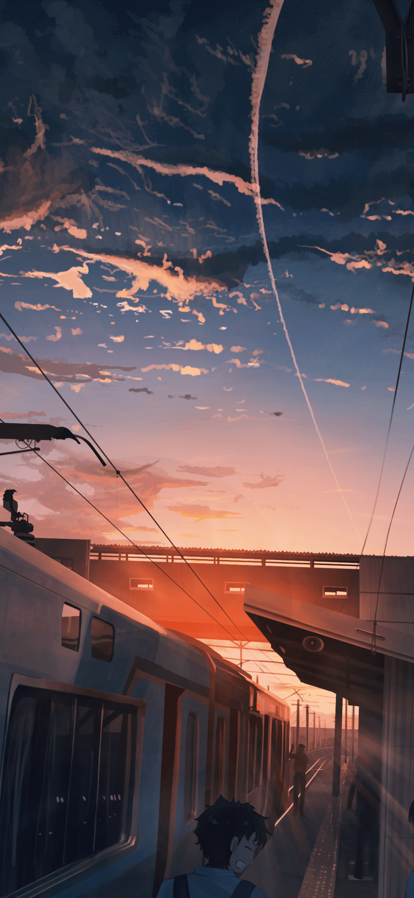 1440x3120 Download 1440x3120 Anime Landscape, Sunset, Train, Clouds, Scenic