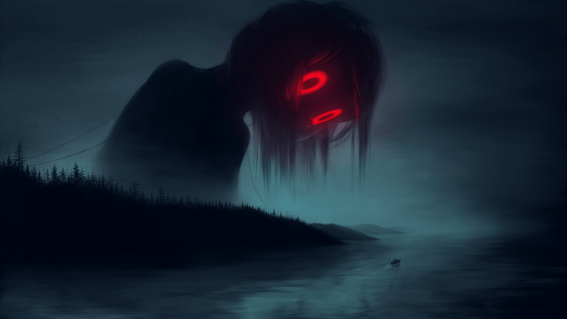 1920x1080 #artwork, #boat, #mist, #S A Lieske, #landscape, #red eyes