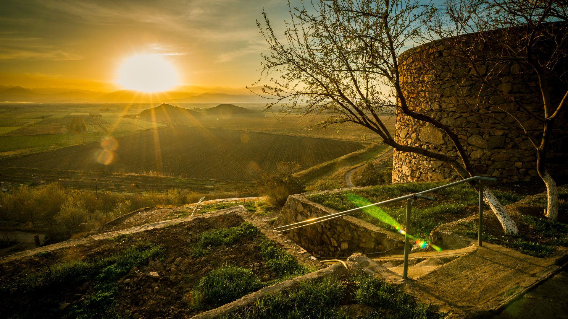1920x1080 nature, Landscape, Mist, Trees, Hills, Sun rays, Armenia, Field, Wall, Stones Wallpaper HD / Desktop and Mobile Background