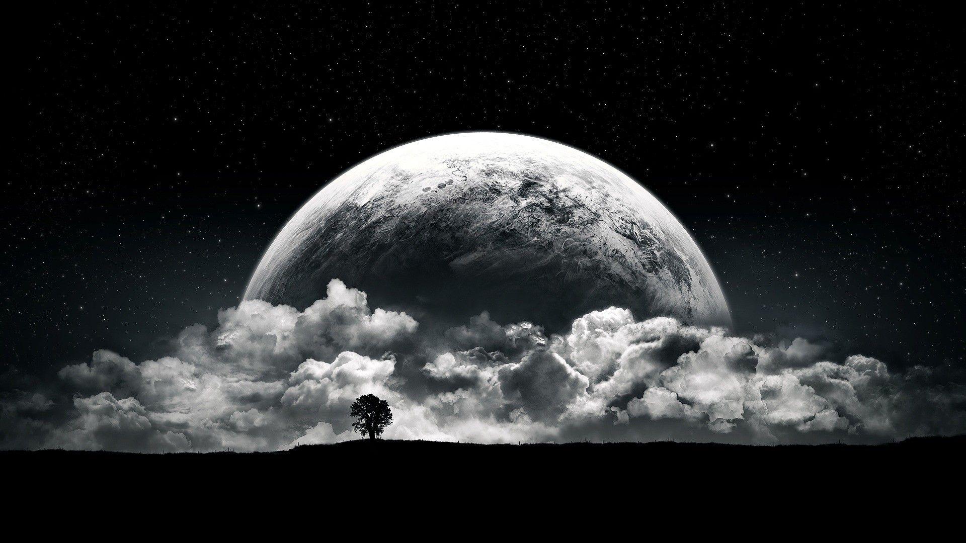1920x1080 #planet, #monochrome, #space art, #stars, #surreal, #night