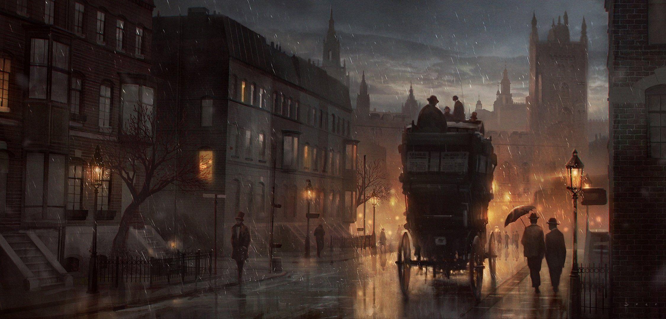 2250x1080 Rain London night warm soft city. London painting, Night art