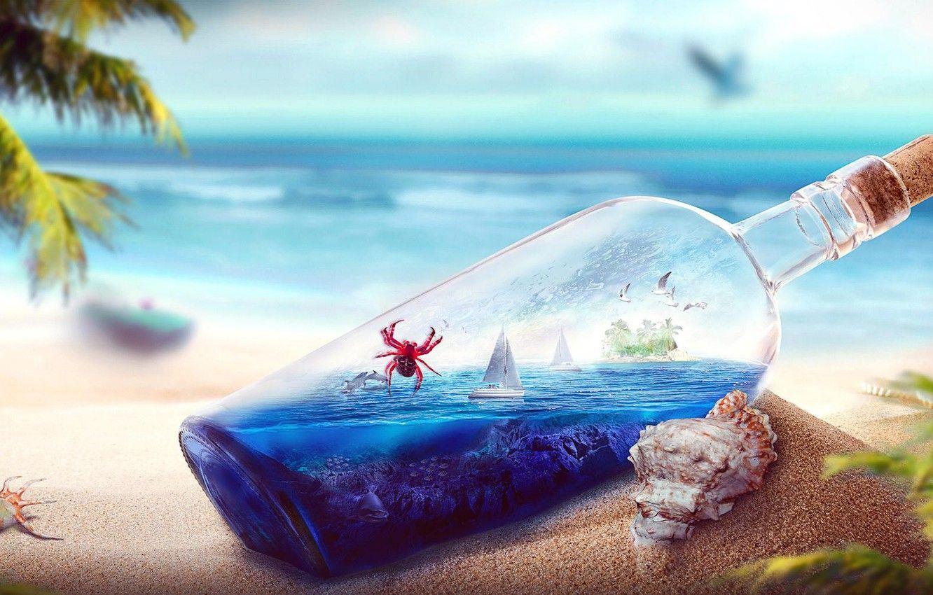 1332x850 Wallpaper the ocean, boat, island, bottle, crab, Beach image