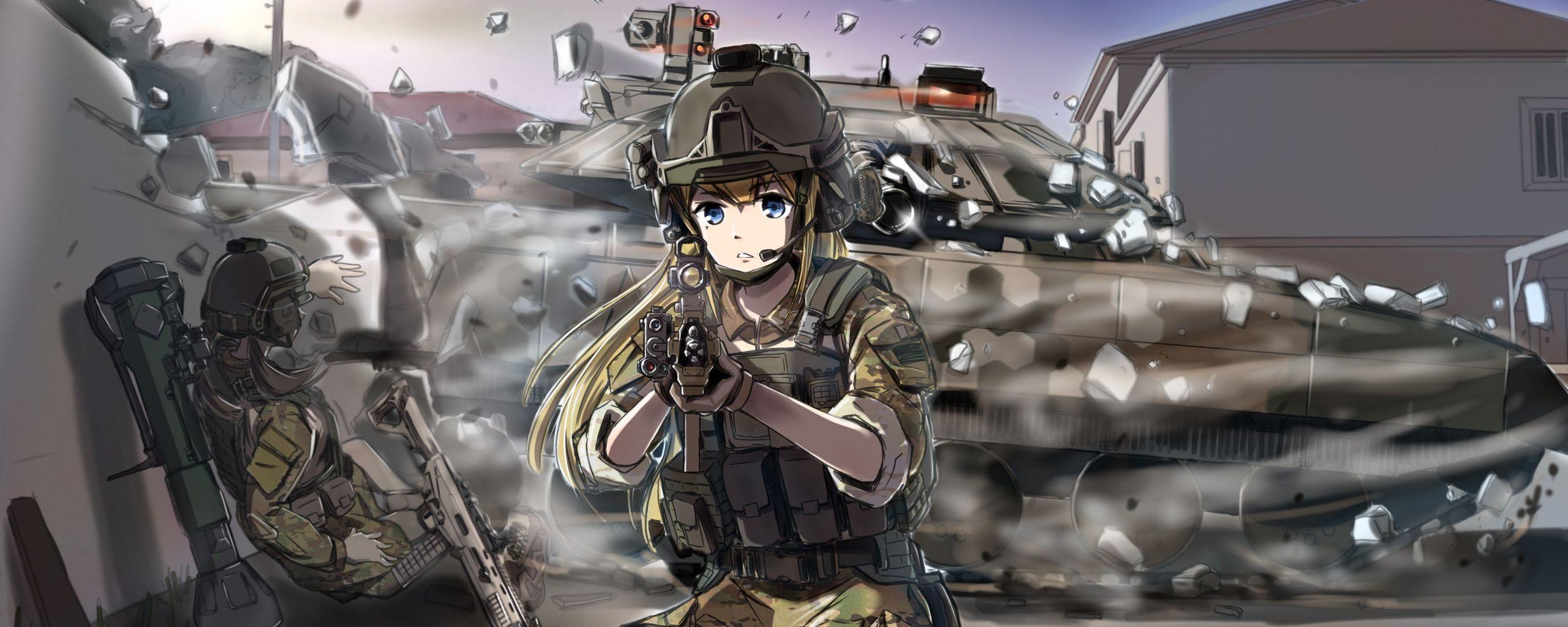 2560x1024 Desktop Wallpaper Original Characters Military Anime Girl, HD