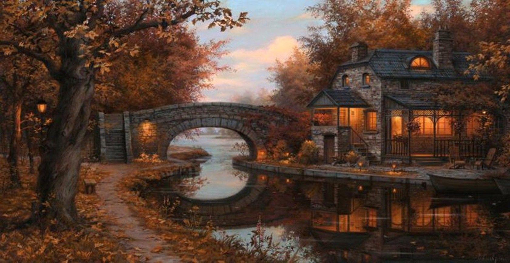 1680x865 Rivers: Photography Art Nature Romantic Painting Bridge Houses River