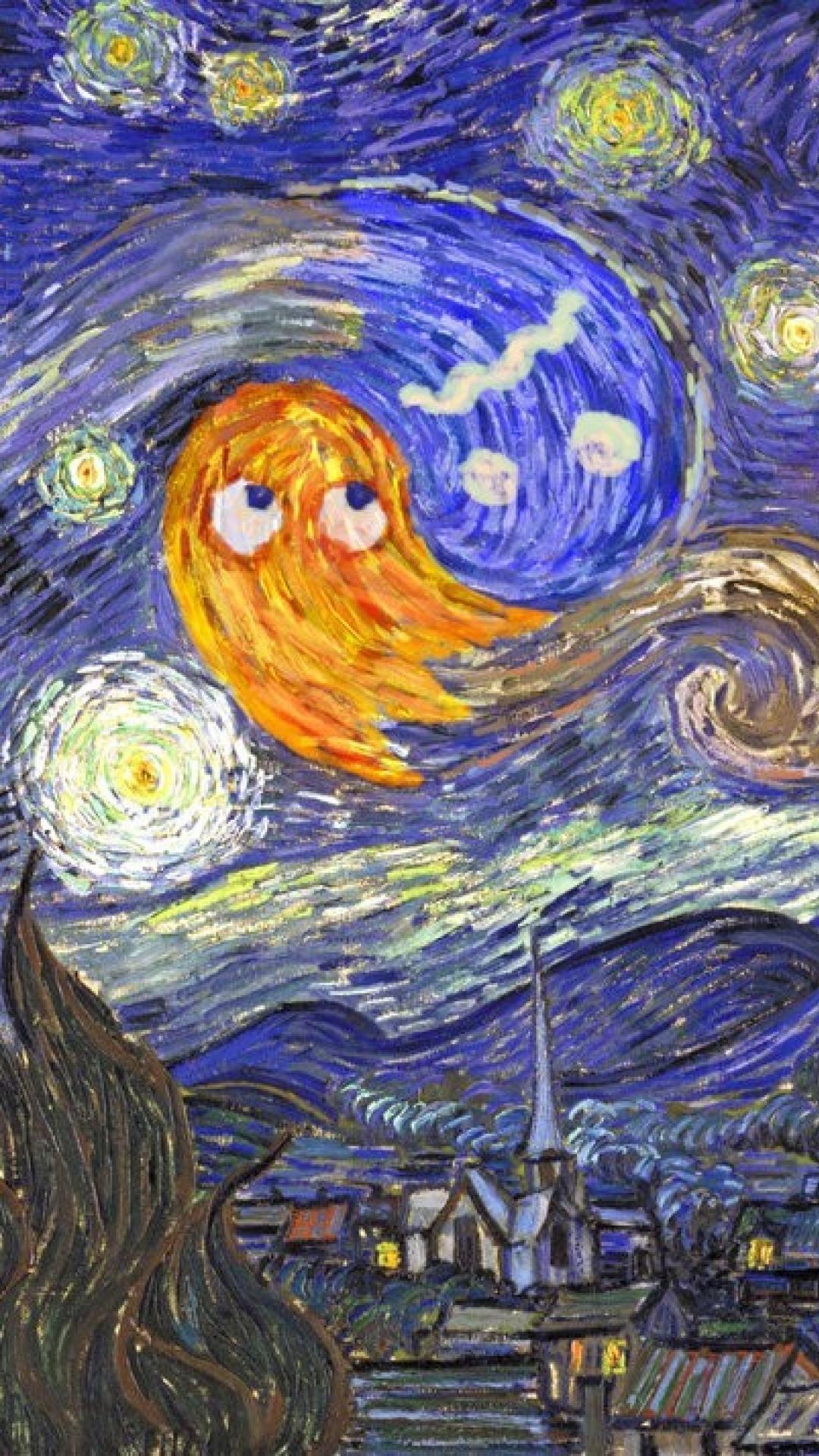 1080x1920 Parody Vincent Van Gogh Pac Man Starry Night Wallpaper
