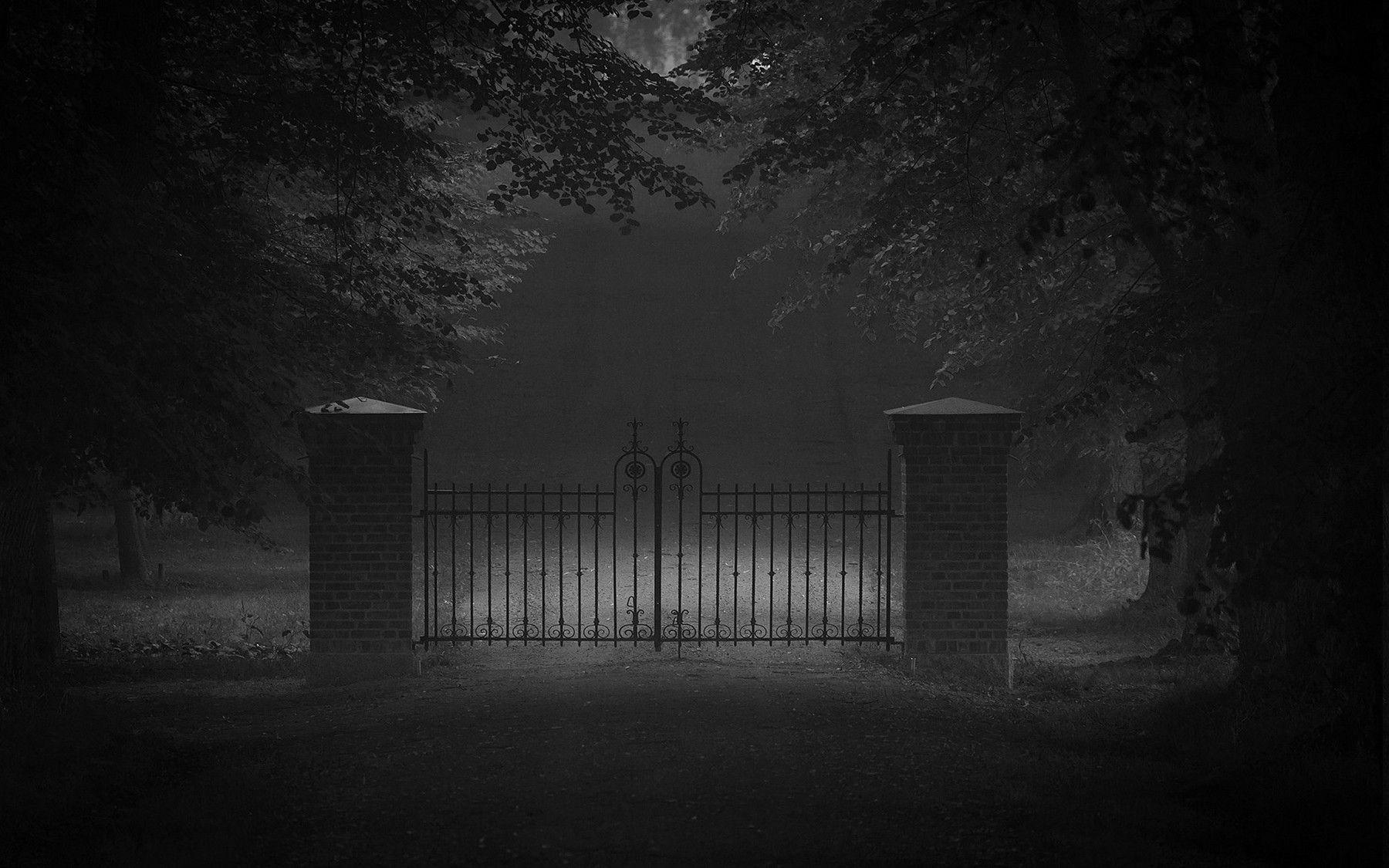 1800x1125 nature, Landscape, Monochrome, Dark, Trees, Door, Road, Grass, Gates, Mist Wallpaper HD / Desktop and Mobile Background