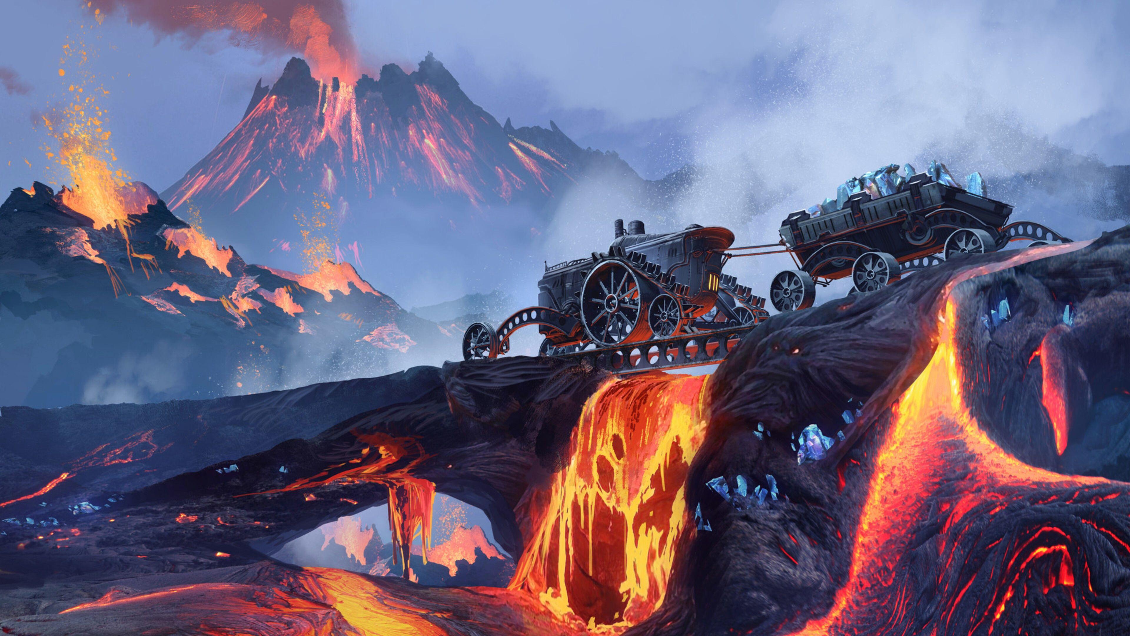 3840x2160 Scifi Steampunk Mountain Vehicle Mining Lava 4k HD 4k
